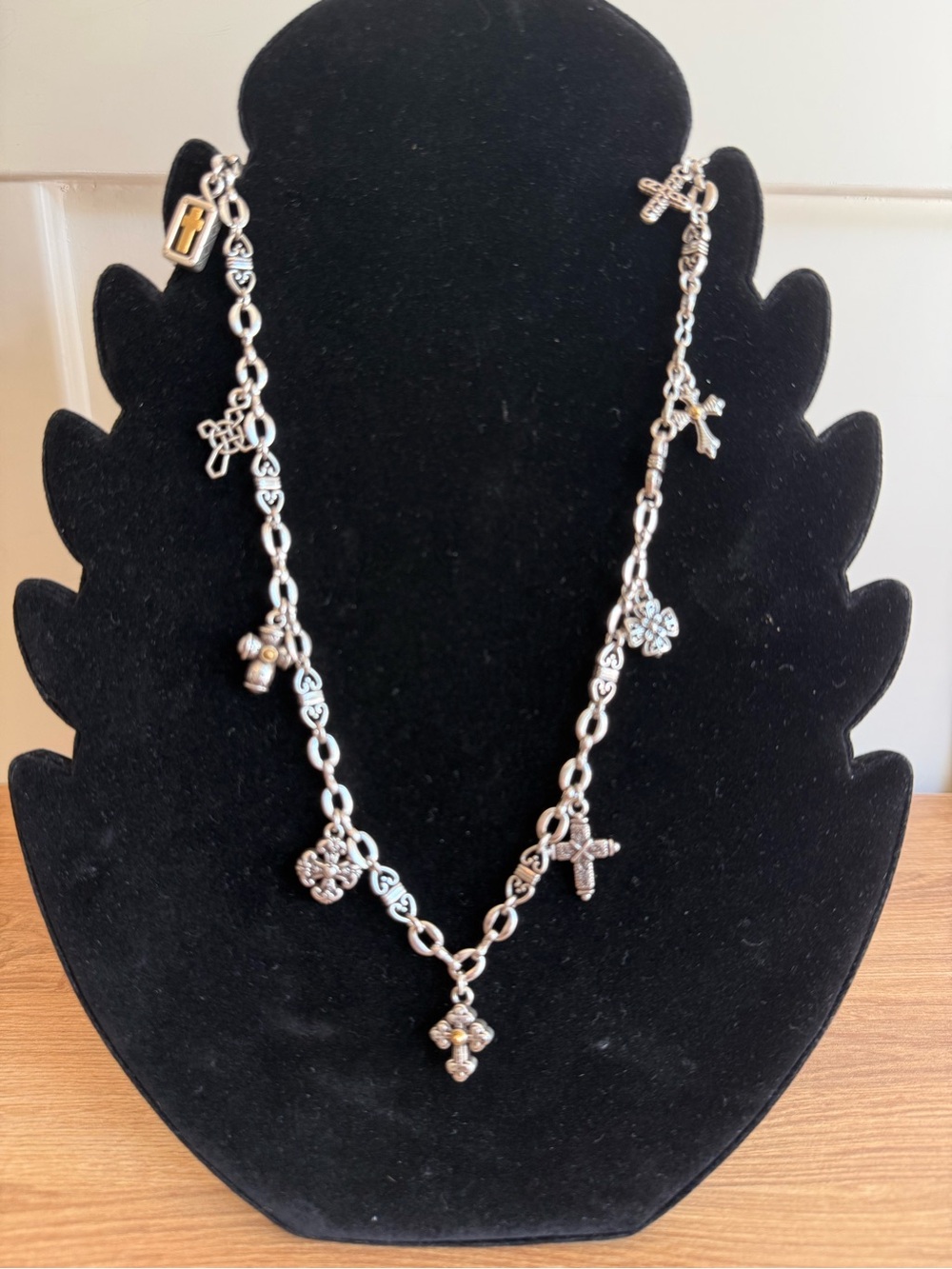 Brighton Retired Eternity Multi Cross HeCharm Long Necklace Silver Gold Two Tone